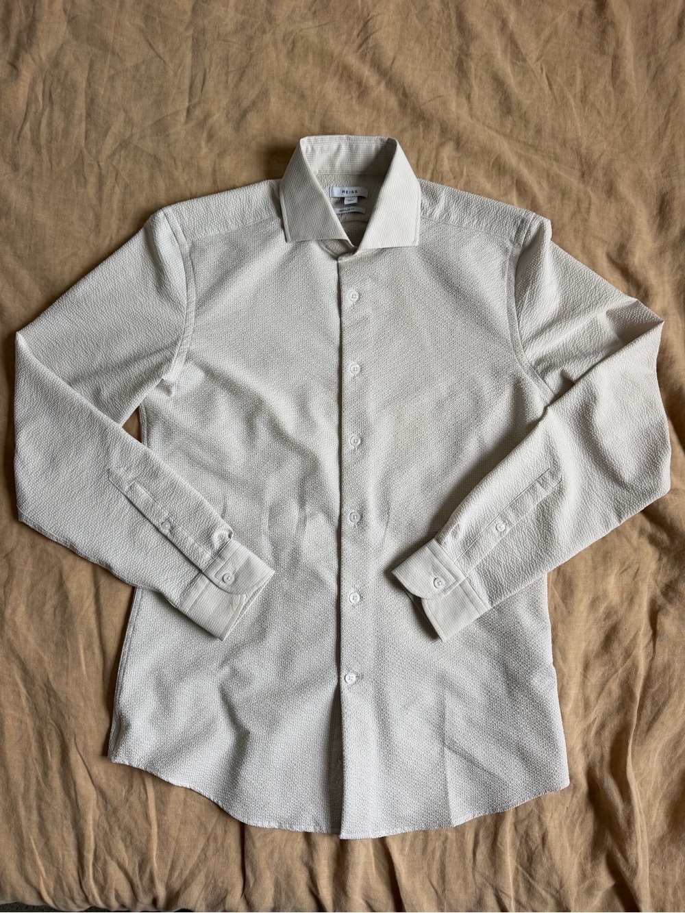 Reiss Seersucker Button-Down Like-New Dress Shirt men’s medium cream/tan